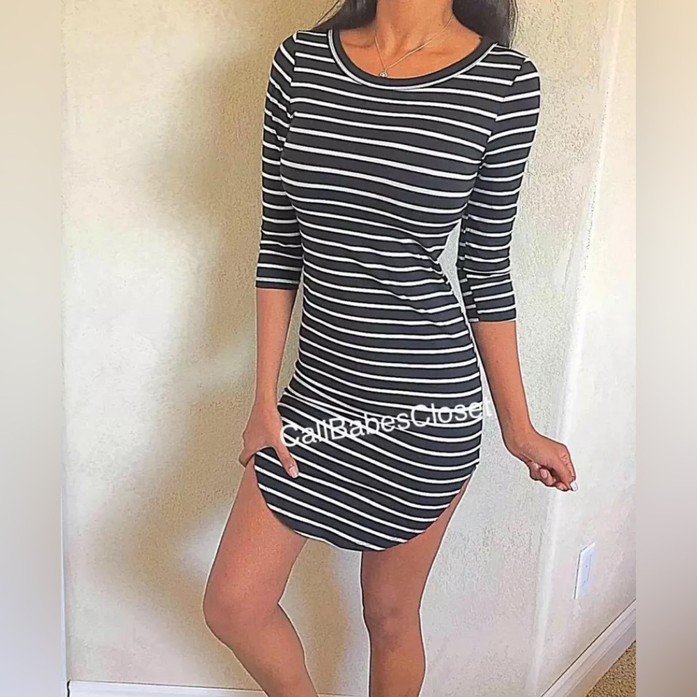 🟥2/$30 🟥NEW Sexy Black White Preppy Stripe Mini Curve Hugging Dress 503